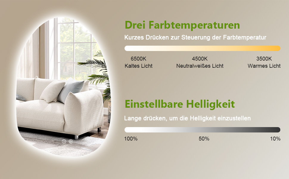 LED дзеркало для ванної кімнати з підсвічуванням, 70 x 50 см, холодний білий (6000K), енергозберігаюче, диммер, антизапар