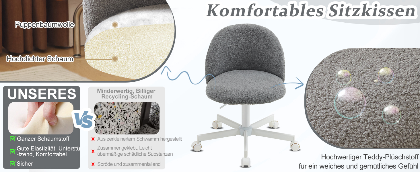 Офісний стілець Bonnlo з роликами, стілець до туалетного столика, регульований по висоті, для робочого кабінету, спальні, home office, з м'якої тканини Teddy, білий (сірий)