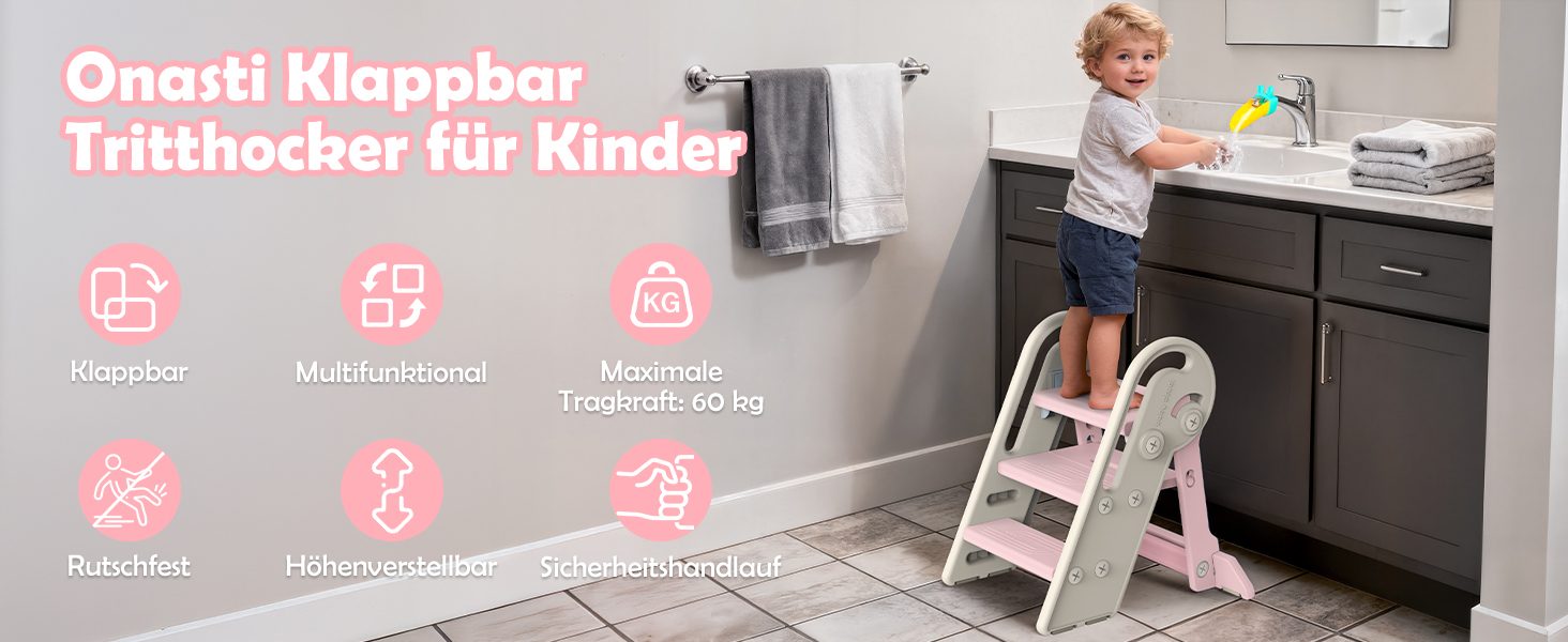 Дитячий підсходильник Onasti Tritthocker, регульована висота, 3 сходинки, з ручками, складний, анти-ковзний, для кухні, ванної кімнати, умивальника та туалету (Сірий) Сіро-білий (Рожевий)