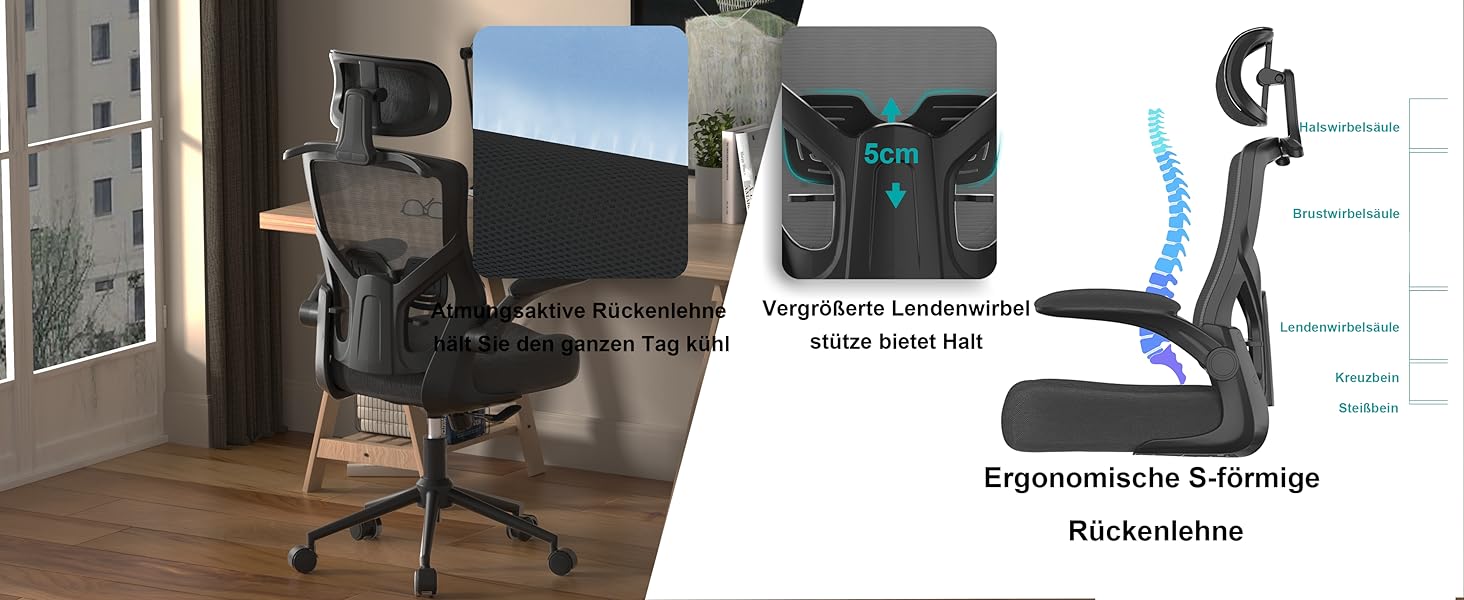 Ергономічне крісло для офісу з регульованою підголівником та поперековою підтримкою – високе офісне крісло з сітчастою спинкою та м'яким сидінням, вішалка для одягу та функцією блокування (Чорний)