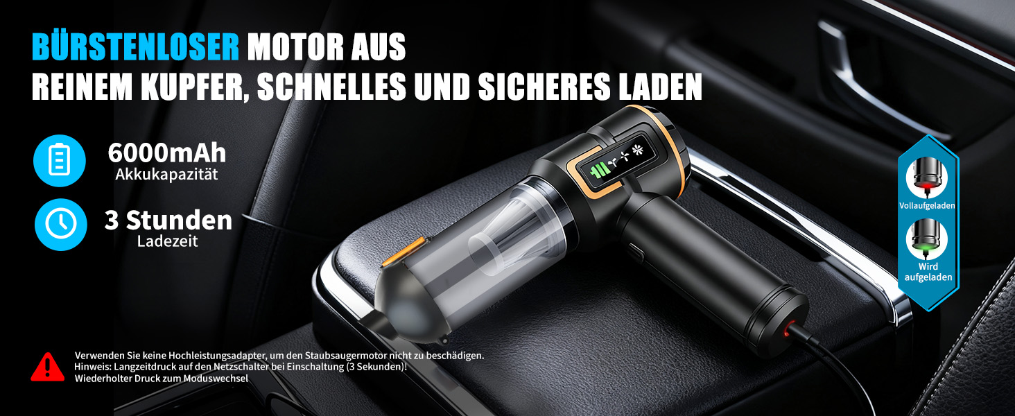 Акумуляторний ручний пилосмок для авто та дому 23000Па, міні-пилосмок з функцією продувки та насоса, 6000mAh, чорно-золотий