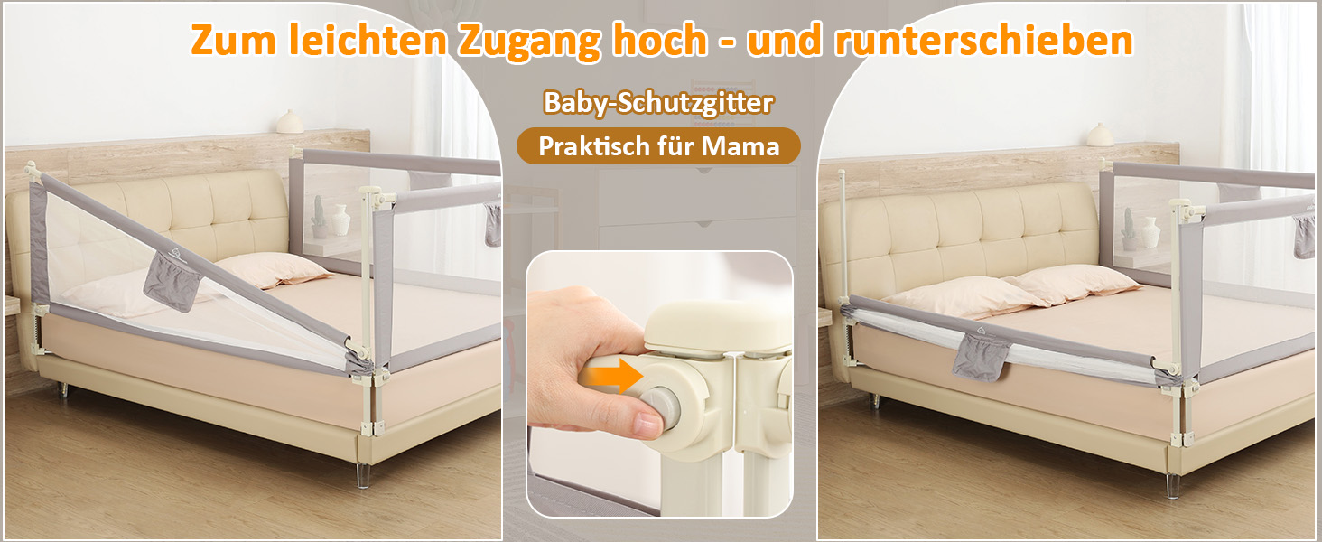 Бортики для ліжка дитячі 3 шт., захисні грати на ліжко для малюків (2x200 см + 1x180 см), сірі, складані