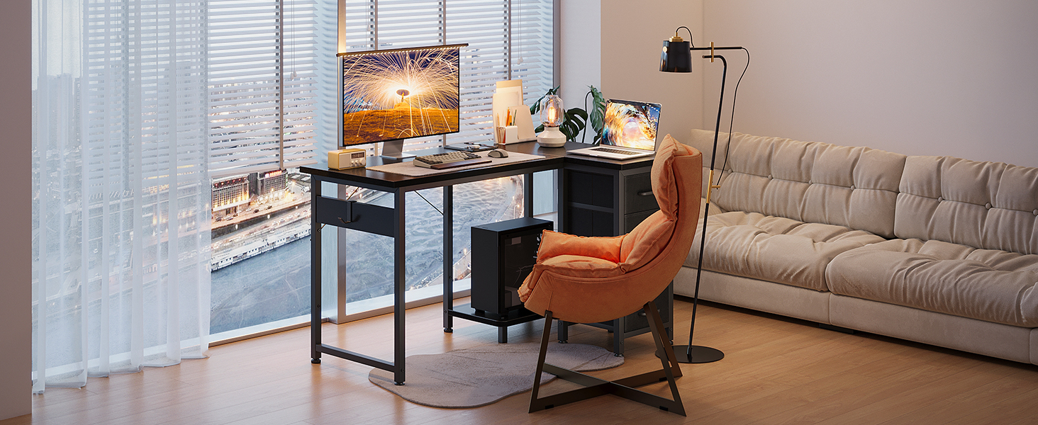 Комп'ютерний кутовий стіл Coleshome 100x70 см з 4 шухлядами, білий/чорний, для офісу, робочого кабінету, спальні