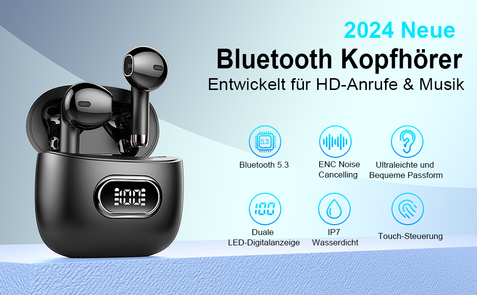 Бездротові навушники-вкладиші Bluetooth 5.3, 4 мікрофони HD, 42 години, ENC, IP7, LED, USB-C, Чорний