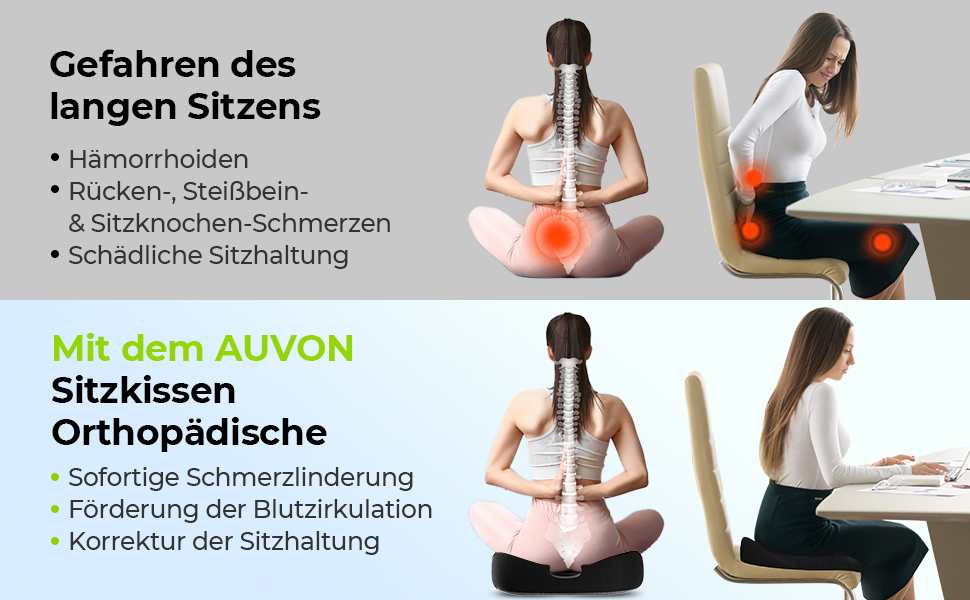 Ортопедична подушка для сидіння AUVON: комфорт при геморої, простатиті, болях у попереку та під час вагітності. Підходить для офісного крісла, авто та інвалідного візка. Чорний колір.