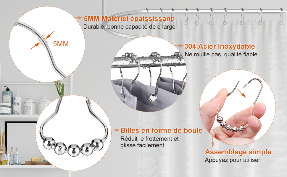 Набір з 24 металевих кріплень для душу (кріплення для штори) LIHAO, 69x39 мм, срібний колір