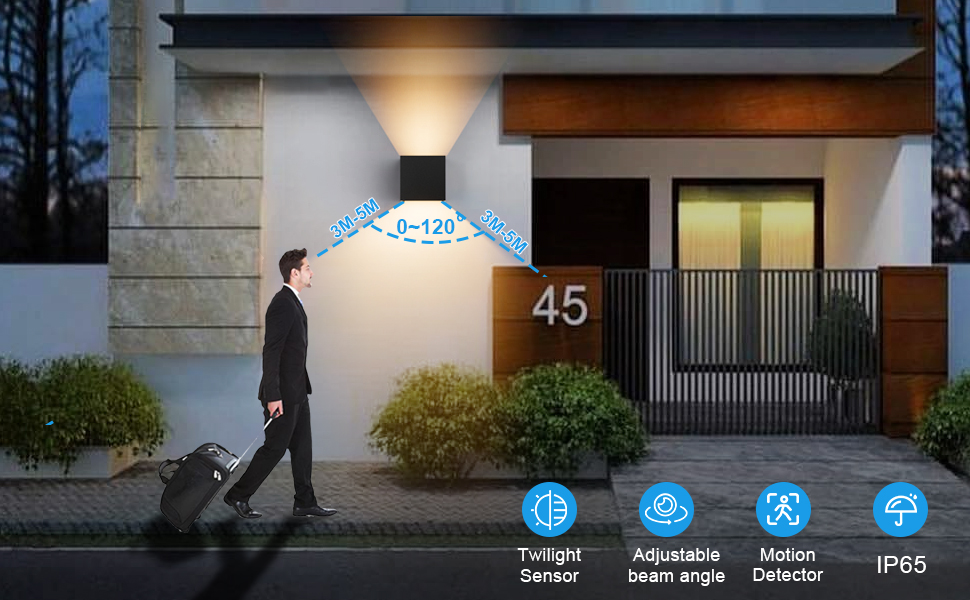 Klighten Зовнішня лампа з датчиком руху 12W, IP65, 3000K тепле біле світло, для внутрішнього та зовнішнього використання, регульований світловий потік, чорний колір