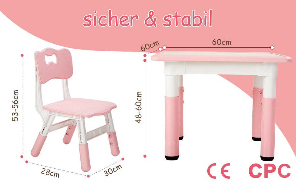 Дитячий стіл та стільці FUNLIO, регульовані по висоті, для дітей 3-8 років, рожеві, 3 шт. - 59.7 см x 59.7 см