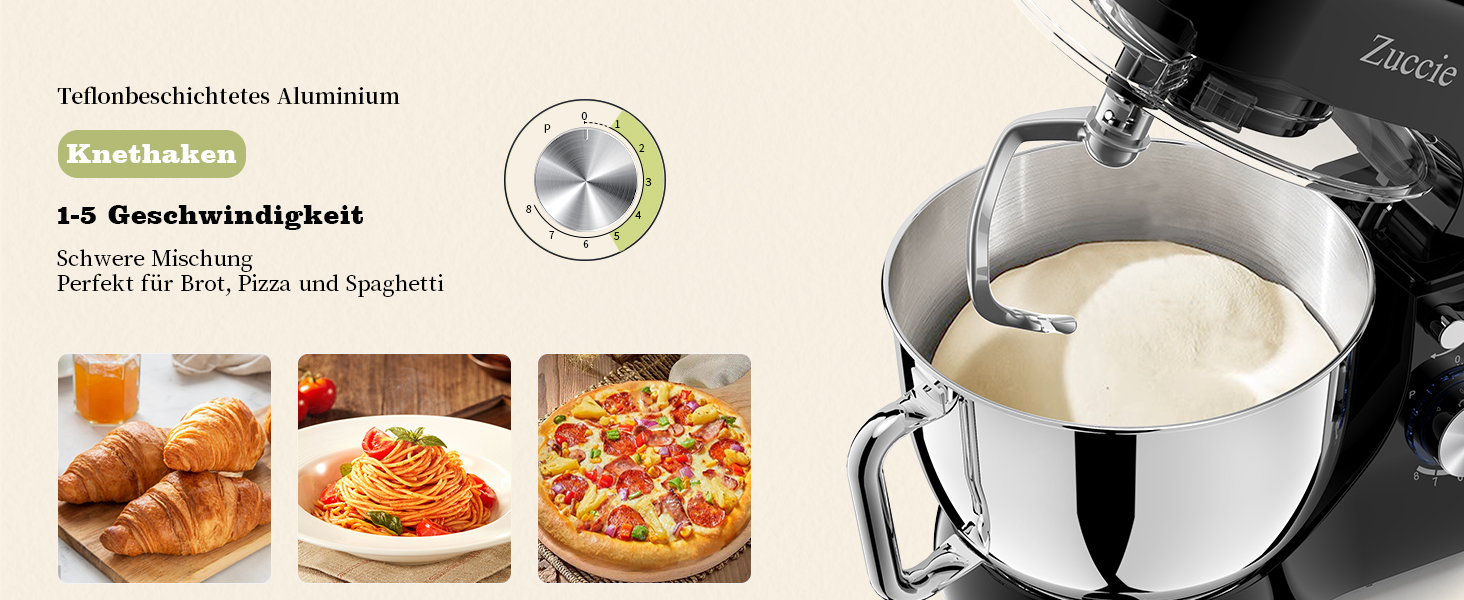 Кухонна машина Zuccie з тихою роботою, 5л чаша з нержавіючої сталі, 3 насадки, сплітц-захист, скребок для тіста та роздільник яєць, 8+P швидкості, для приготування тіста (білий/чорний)