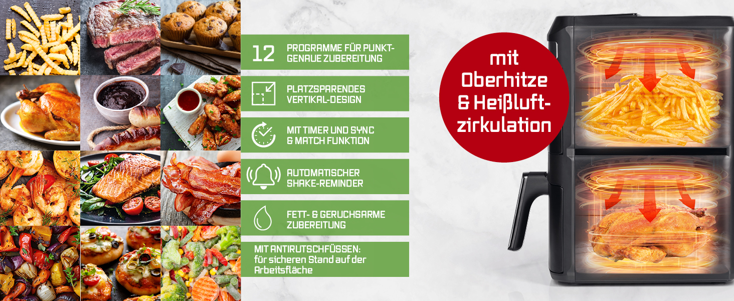 Аерофритюрниця GOURMETmaxx AirGenius 10L з двома камерами (2x5Л), сенсорним керуванням та 10 програмами приготування, для 8 осіб
