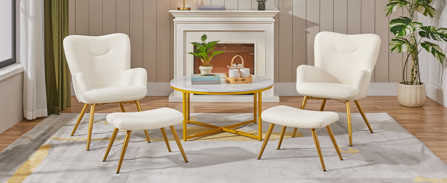 Крісло-навушник Yaheetech з пуфом з тканини Boucle, крісло для відпочинку з підставкою для ніг, розкладне крісло для вітальні/спальні, колір слонова кістка