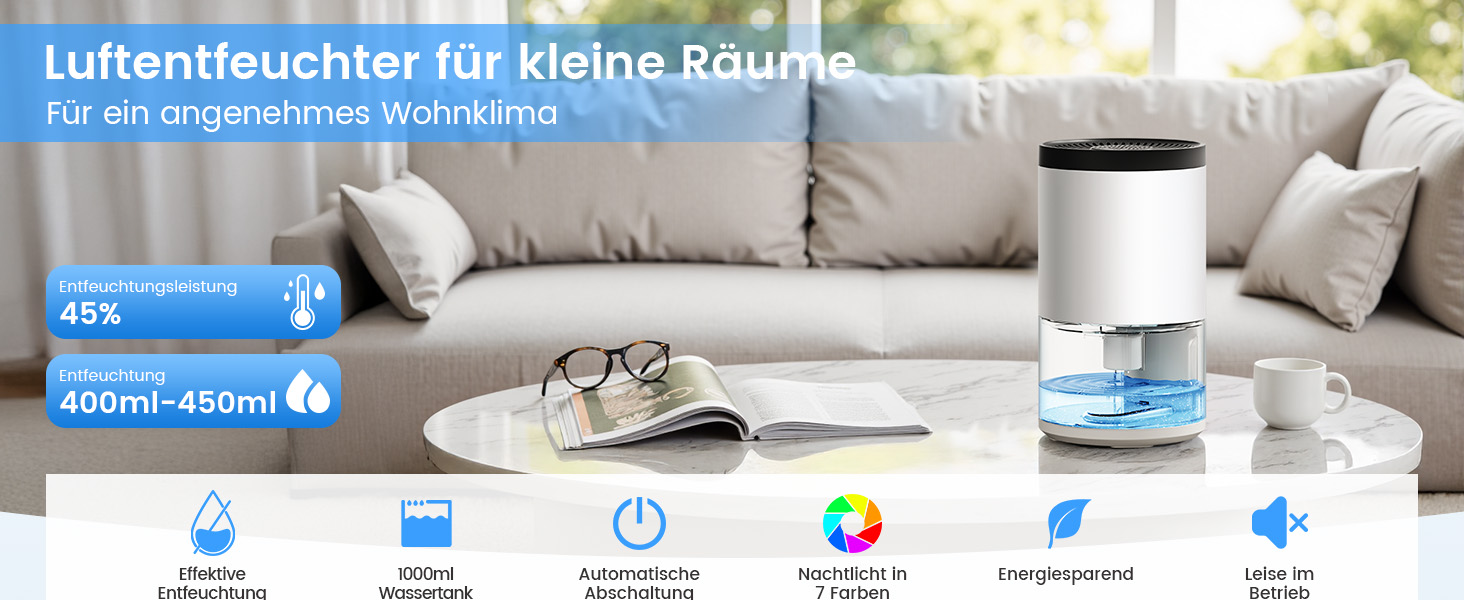 Електричний осушувач повітря без контейнера, 1000 мл, компактний, тихий, з автовимкненням, портативний, для офісу, спальні, ванної кімнати, білий