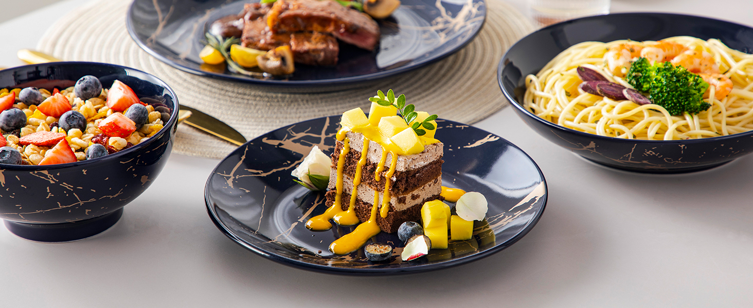 LOVECASA Tafelservice Daphne: 24-частинний набір посуду з золотим декором (Marineblau)