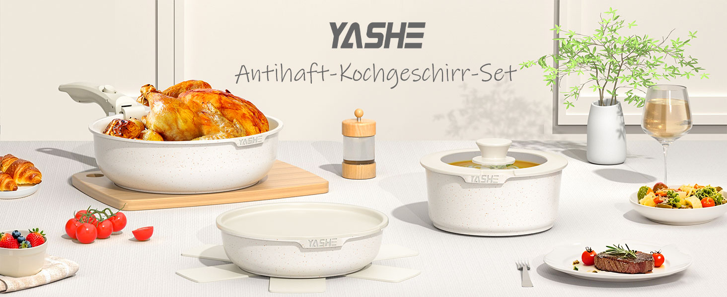 Набір посуду YASHE 9 предметів: каструлі та сковорідки з антипригарним покриттям, білий, для всіх плит, знімний ручка, сумісний з духовкою, компактний, сталевий