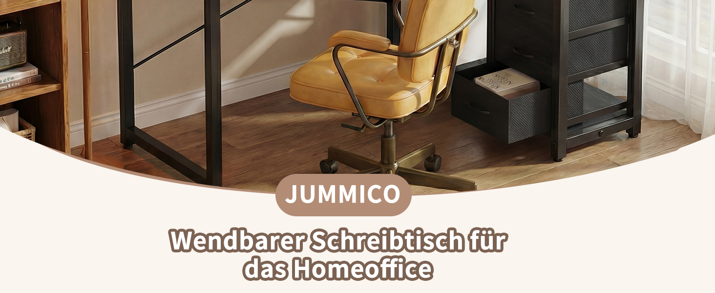 Кутовий комп'ютерний стіл L-подібний JUMMICO з 4 ящиками, розетками та USB, 140x80 см, чорний