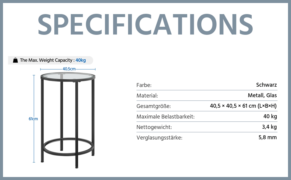 Журнальний столик Yaheetech Журнальний столик зі скла та металу Круглий стіл для вітальні Ø 40,5 см Диванний стіл Kafeettable для спальні/вітальні 40,5 x 40,5 x 61 см, чорний
