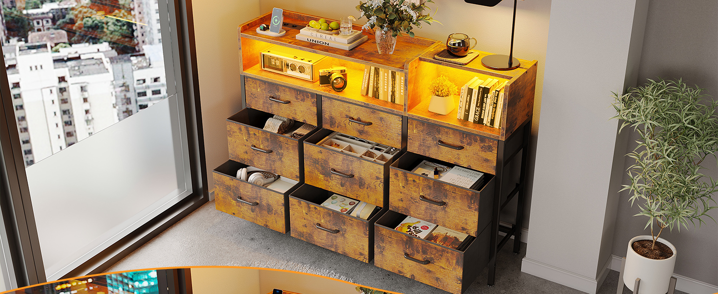 Комод ODK з шухлядами, 2 розетки, 2 USB, 10 LED-смужок, полиця-стільниця, 9 тканинних шухляд, чорний (ретро стиль), 130x30x97 см