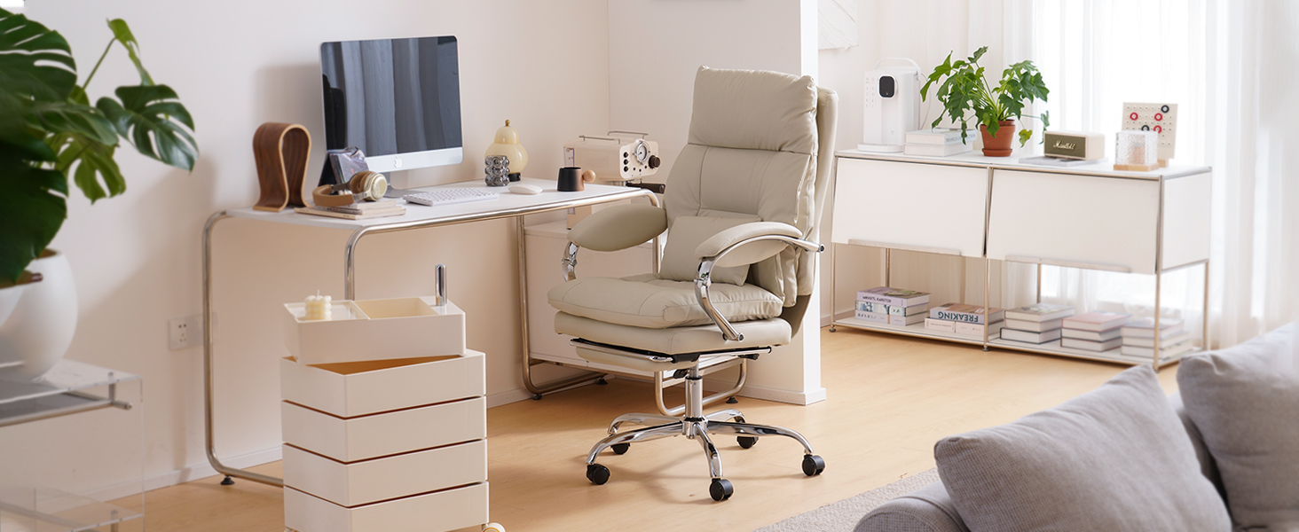 Офісний крісло EMIAH з підставкою для ніг, комфортний крісло для роботи з підлокітниками, ергономічний крісло для начальника з PU шкіри та роликами, ігровий комп'ютерний стілець з потовщеним сидінням, без функції масажу (Бежевий)