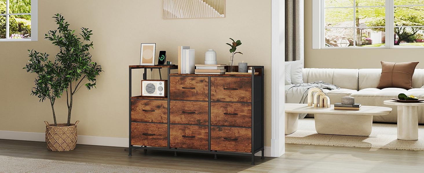 Комод Somdot для спальні, вітальні, передпокою з висувними ящиками, LED-підсвічуванням та розеткою (2 AC, 1 USB, 1 Type-C), 5 тканинних ящиків, білий, 29T x 66,5B x 70,5H см (декор під дерево, 29T x 99B x 70.5H см (8 ящиків))