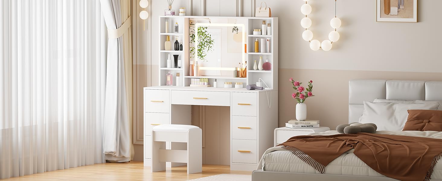 Великий туалетний столик ANWBROAD з регульованою LED-підсвіткою (3 кольори), розетками, дзеркалом та пуфом. 7 висувних ящиків, 4 полиці. Колір: білий. Розміри: 140x100x40 см.