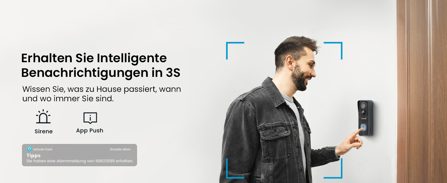 Відеодзвінок ieGeek 2K з камерою: бездротовий, водонепроникний (IP66), AI-розпізнавання руху, нічне бачення, без підписки, сумісний з Alexa, Wi-Fi 2.4GHz, з внутрішнім дзвінком (білий/сірий)