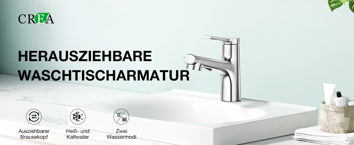 Сучасний змішувач для ванної кімнати CREA з висувною лійкою, 2 режими струменя, з міді, хром, для умивальника