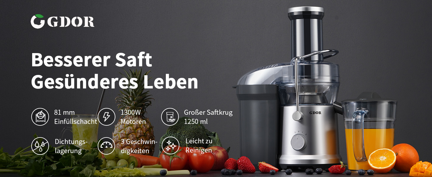 Електричний соковитискач GDOR 1300W для овочів та фруктів, 1250 мл, срібний