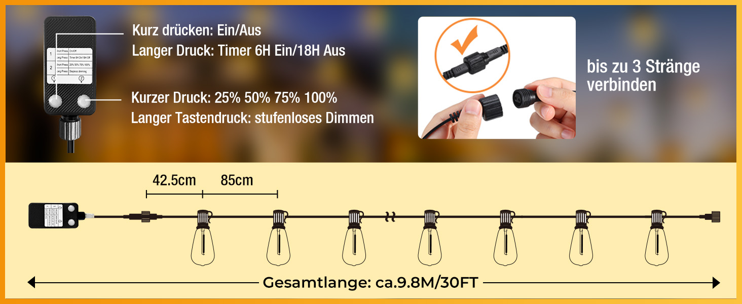 LED гірлянда для декорування приміщень та саду, 15 метрів, диммування, таймер, тепле світло, G40, вологостійка