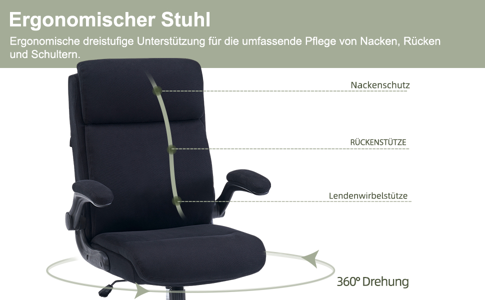 Органомічний офісний стілець CASTLOVE з підйомними підлокітниками, високою спинкою та функцією гойдання. Макс. вантажопідйомність 150 кг (Чорний, тканина)