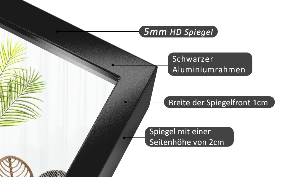 Дзеркало Boromal Spiegel Schwarz 100x60 см прямокутне з металевою рамою для ванної кімнати, спальні, туалетного приміщення. Чорний настінний дзеркало 60L x 100B cm