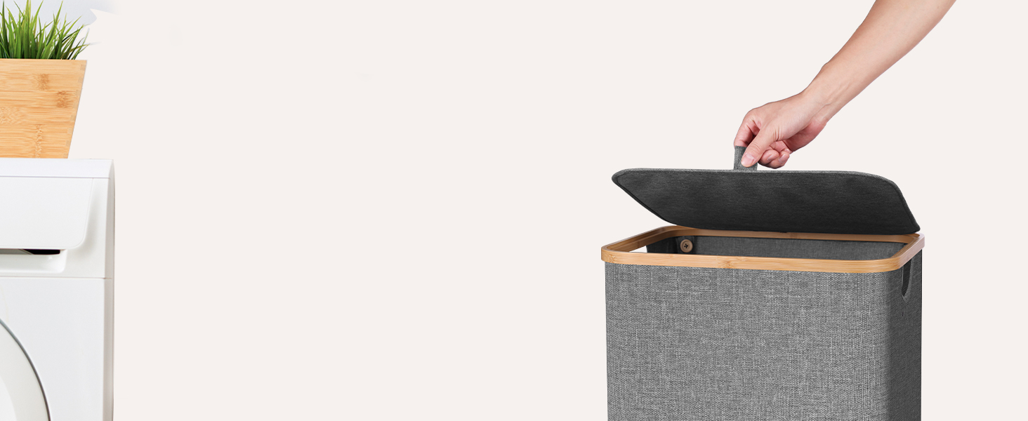 Кошик для білизни з кришкою 70л, вузький, з бамбуковими ручками та внутрішньою кишенею, складний, портативний, для пральні, йоги, темно-сірий 70л