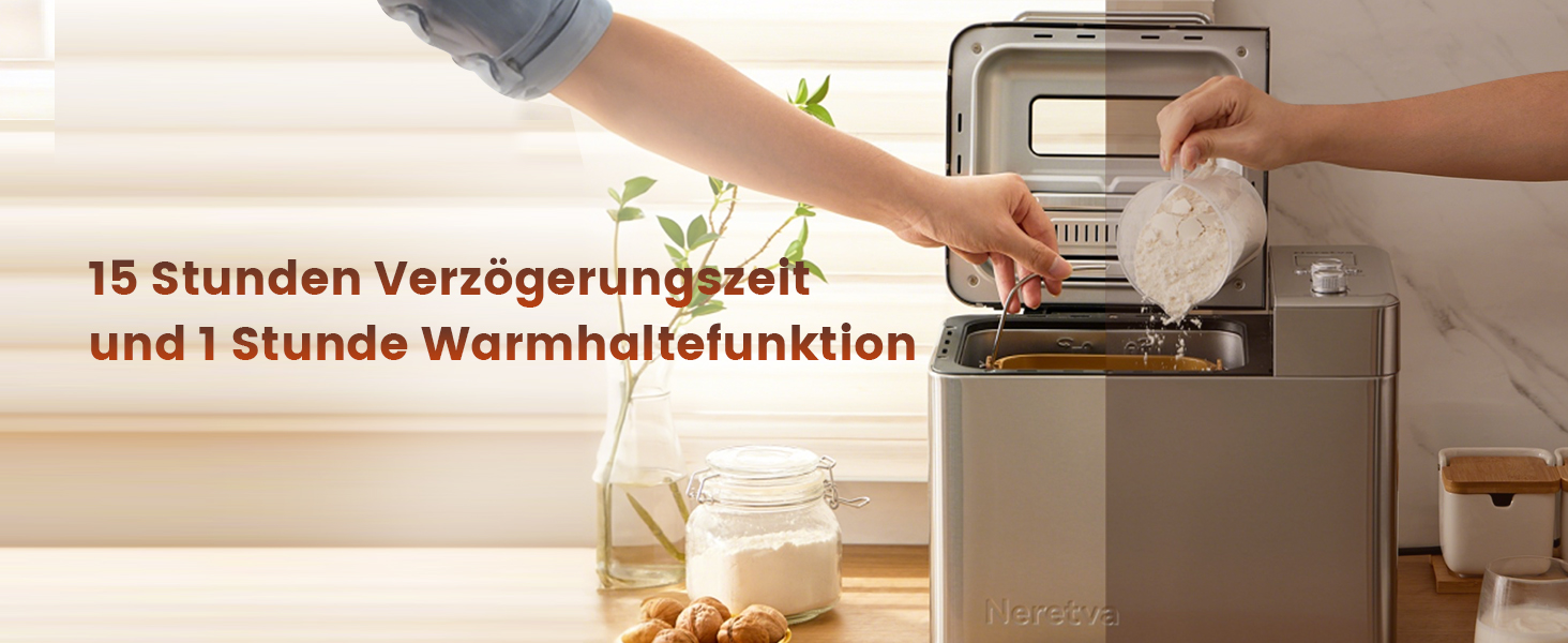 Хлібопічка Neretva з 17 програмами, об'ємом 2.2 кг, з дозатором горіхів та фруктів, керамічним антипригарним покриттям, для безглютенових продуктів, тіста, закваски та йогурту, срібна