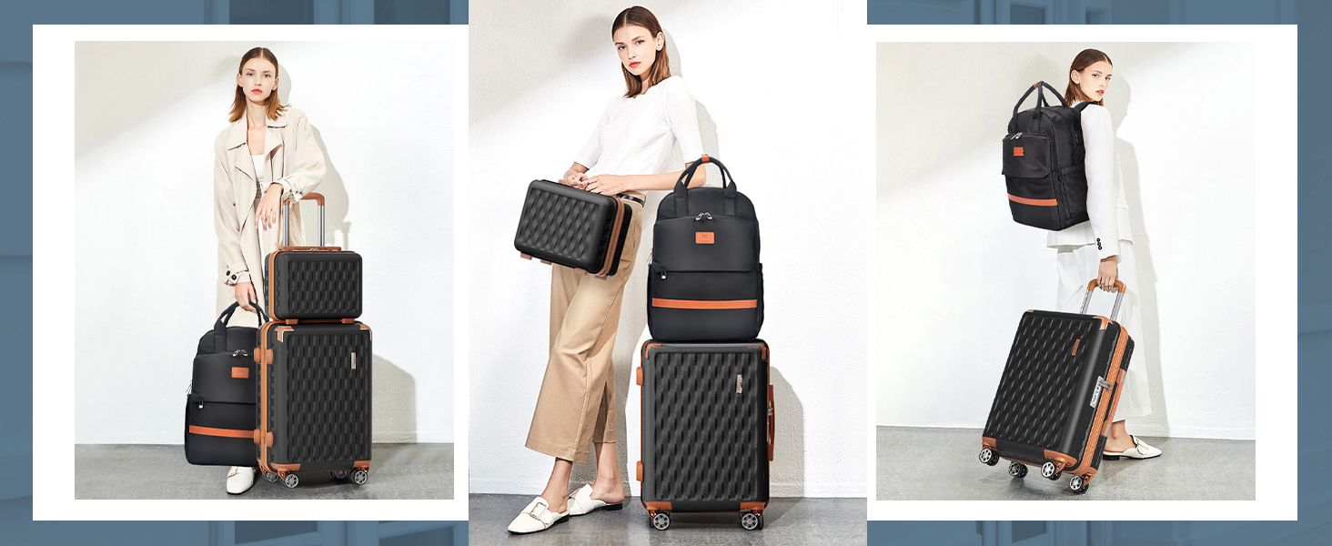 Набір валіз Melalenia 3 в 1: жорсткий корпус, легкі, з TSA замком та 4 колесами (чорний, 7 шт. з рюкзаком для подорожей)