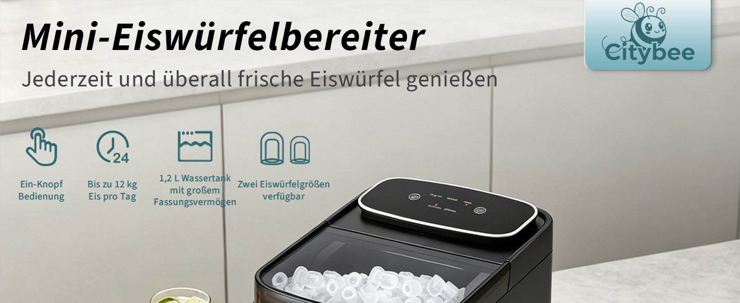 Льодогенератор Citybee з функцією самоочищення, 12 кг/доба, компактний Ice Maker для кухні, офісу та вечірок (Сірий)