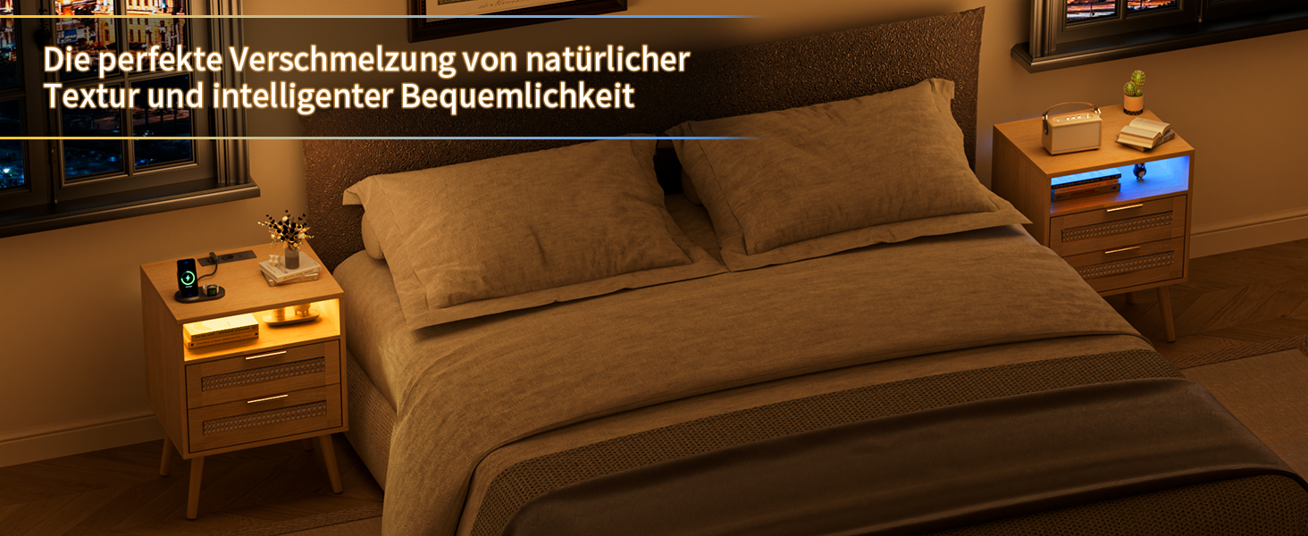 Набір з 2 приліжкових тумбочок з ротангу, LED-підсвічуванням, розетками, регульованим кольором, з відкритим простором та 2 висувними ящиками з ротангу, масивні дерев'яні ніжки, колір дерева (2 шт.)
