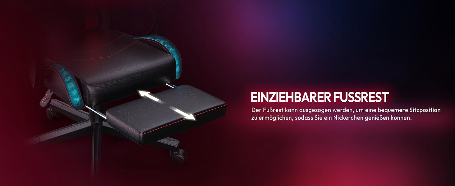 Ігровий крісло Dowinx з RGB підсвічуванням, LED, з підніжкою, для дорослих, ергономічний, з масажем попереку, PU шкіра, білий (червоний)