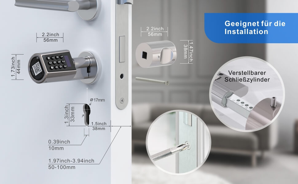 Електронний дверний замок WELOCK з паролем, RFID, Bluetooth, циліндр 50-100мм, срібло, Smartlock