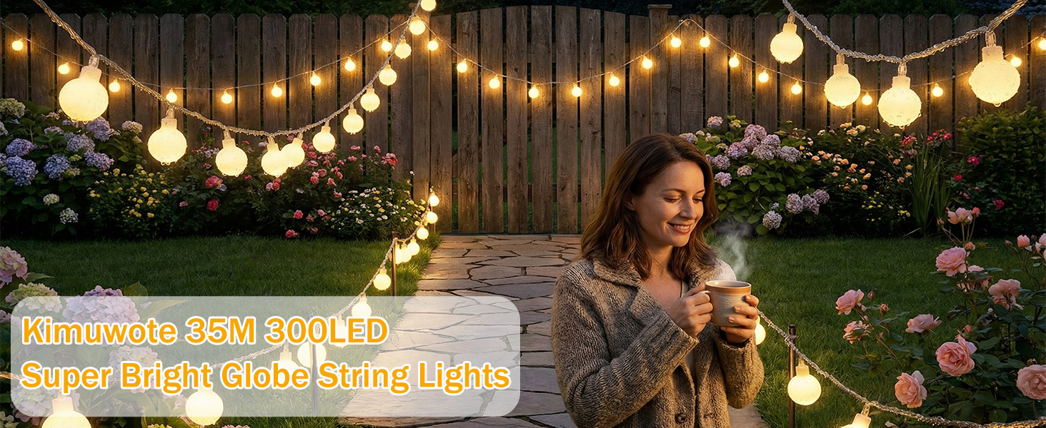 Гірлянда світлова LED 35м 300 LED кульки, вулична/кімнатна, 8 режимів, IP44, теплий білий колір, для декору свят, весіль, саду, тераси, балкону