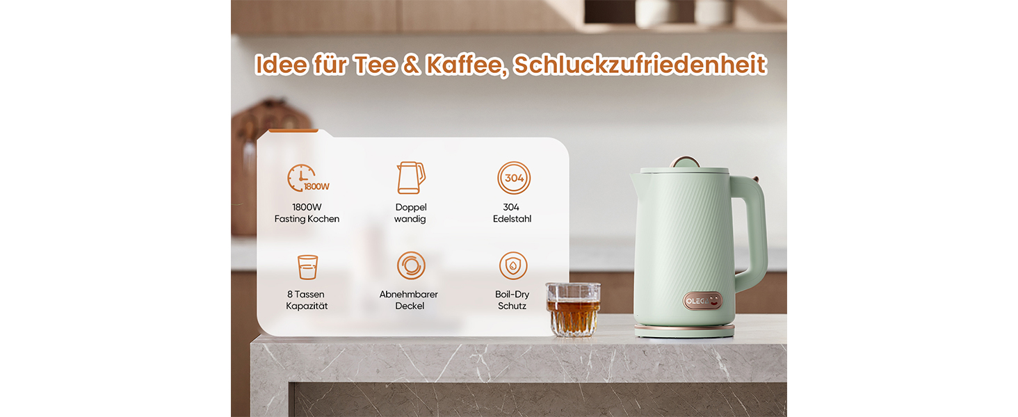 Електричний чайник OLEGA 1.8L, 1800W, з автоматичним відключенням та захистом від сухого кип'ятіння, нержавіюча сталь 304, без BPA, зелений