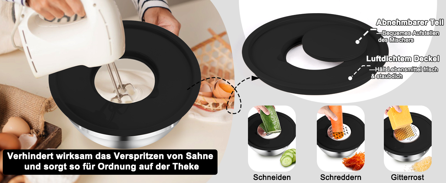 Набір мисок Onader з нержавіючої сталі: 5 мисок + 3 терки. Набір мисок для салатів з кришками, 5 шт. (0,7-4 л), чорний