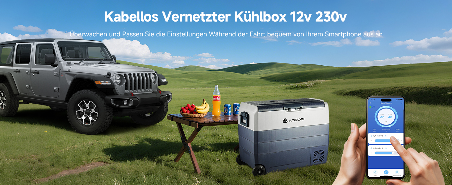 Автомобільний компресорний холодильник AAOBOSI 50л з Wi-Fi, 12/24V та 220V, охолодження до -20°C для авто, вантажівок, кемпінгу, з двома зонами
