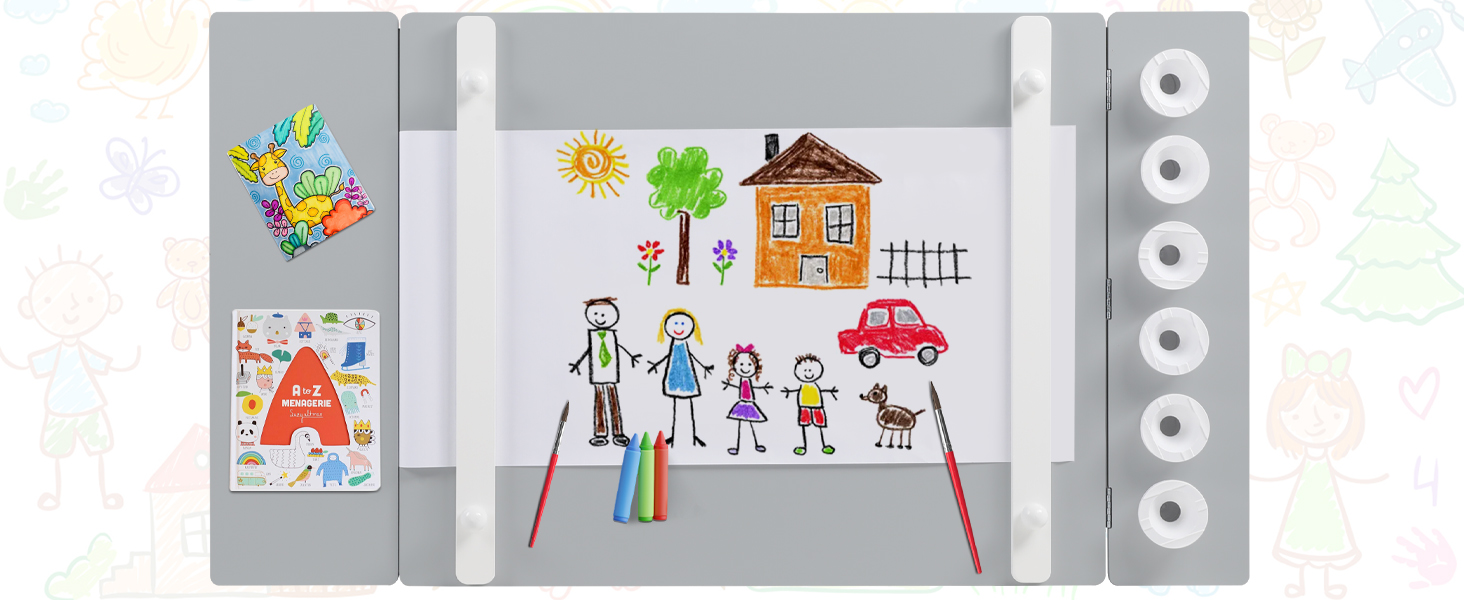 Дитячий стіл Kinder-Kunsttisch-Set з 2 стільцями: дерев'яний активний стіл для малюків з регульованою стільницею, відрами для фарб та 8 тканинними ящиками для зберігання (сірий/білий)