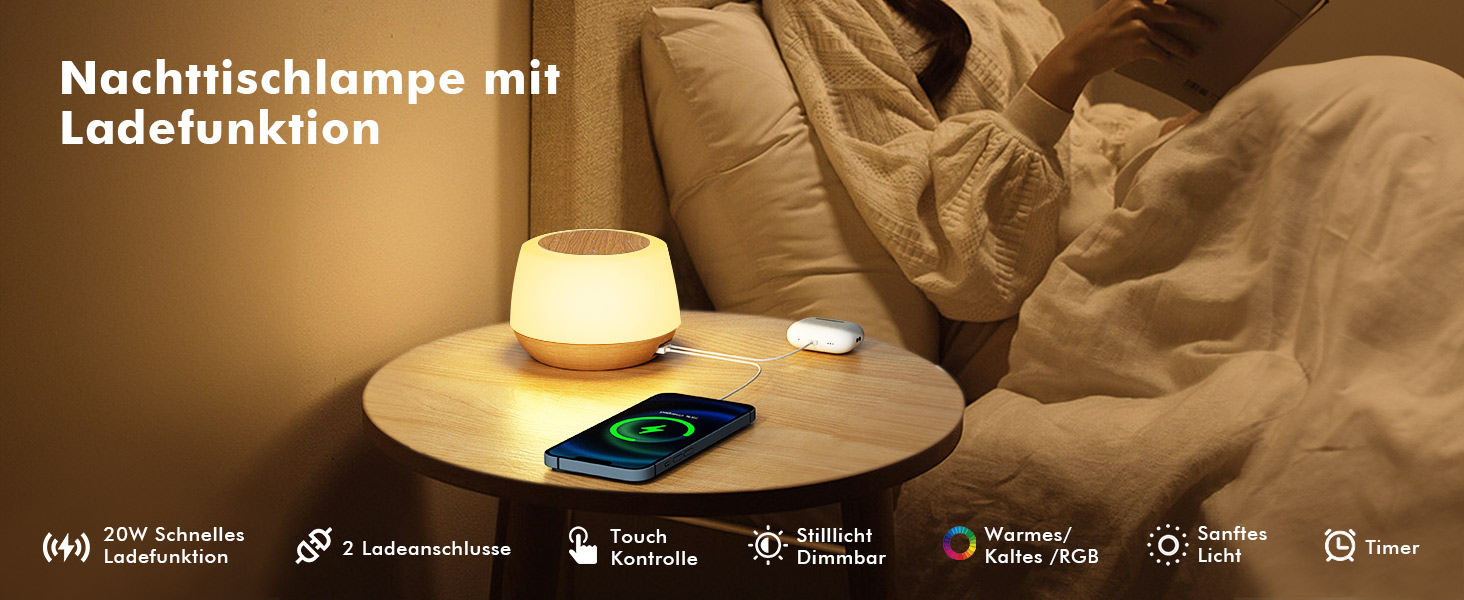 Приліжковий світильник Touch Dimmable, зарядка 20 Вт, 8 кольорів, 3 режими, нічник з таймером