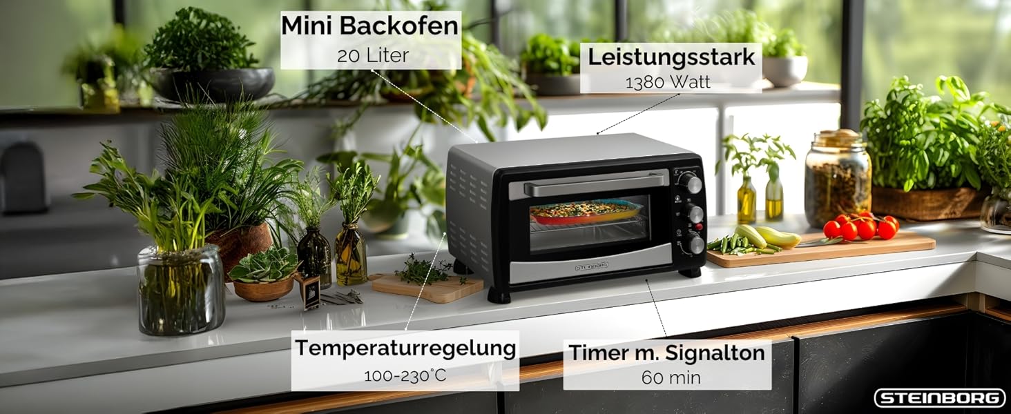 Міні-піч Steinborg® з конвекцією 20 літрів: піч для піци, крихти, конвекція, верхнє та нижнє нагрівання, 1400 Вт, таймер, для кемпінгу або дому