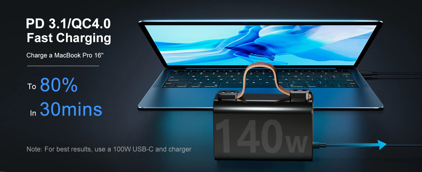 Портативний акумулятор для ноутбука 140W, 50000mAh: Power Bank з LED дисплеєм, PD3.1, QC4.0, 4 виходи та 2 входи (Чорний)