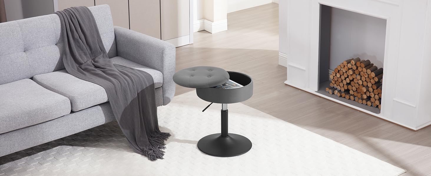 Крісло для туалетного столика WOLTU BH329sz-1, пуф з місцем для зберігання, регульована висота, обертається на 360°, сірий велюр