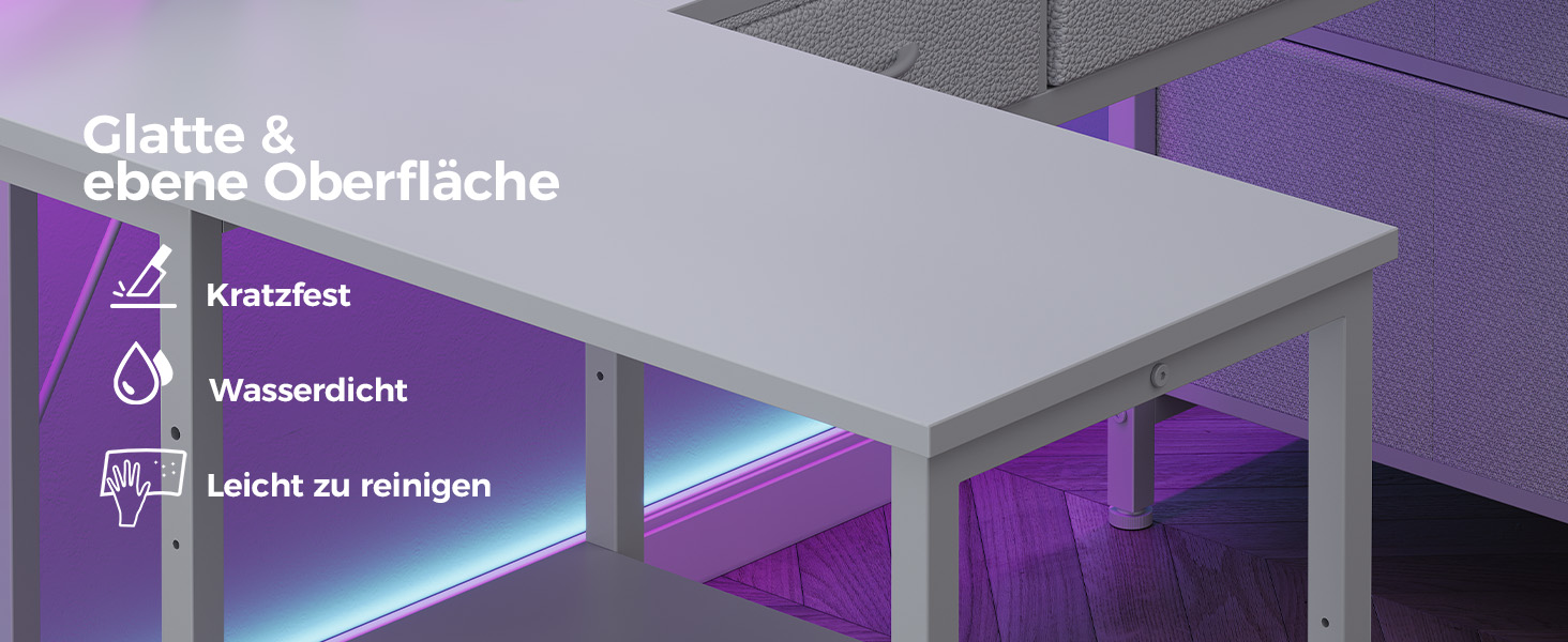 Кутовий стіл Seventable L-подібної форми з LED-підсвічуванням, підставкою для монітора та висувними ящиками, білий. Ідеально підходить для спальні, офісу або вітальні.