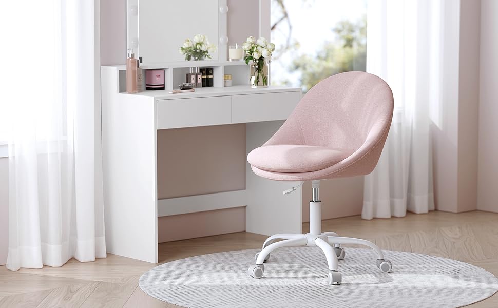 Крісло SONGMICS для офісу та дому, крісло для макіяжу, регульоване по висоті, з м'якою оббивкою, для робочого кабінету або спальні, кремово-біле (пастельно-рожеве, Sherpa-тканина)