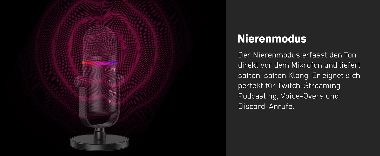 TECURS Мікрофон USB для ігор з RGB підсвічуванням, шумозаглушенням та студійним звуком – для стрімінгу, подкастів, PC, Mac, PS4, консолі, чорний