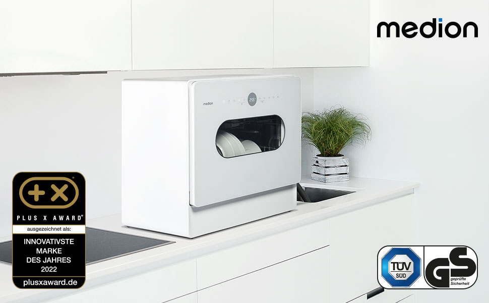 MINI посудомийна машина MEDION DWT51 (біла, зі скляними дверцятами, 5 комплектів посуду, таймер, без підключення до води)